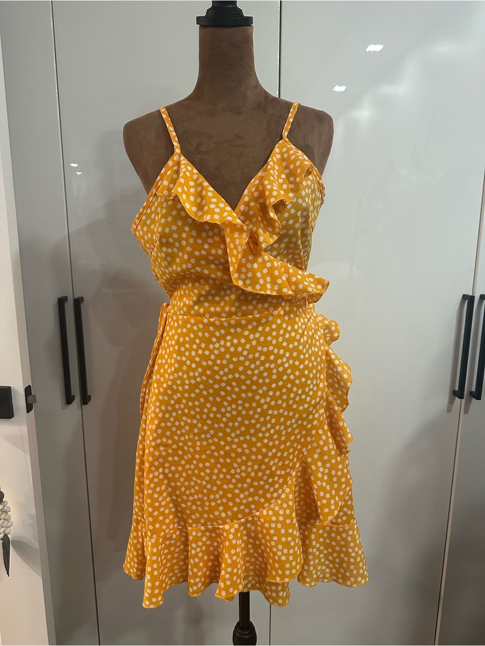 ROMWE Yellow & White Polka Dot Ruffle Wrap Mini Dress